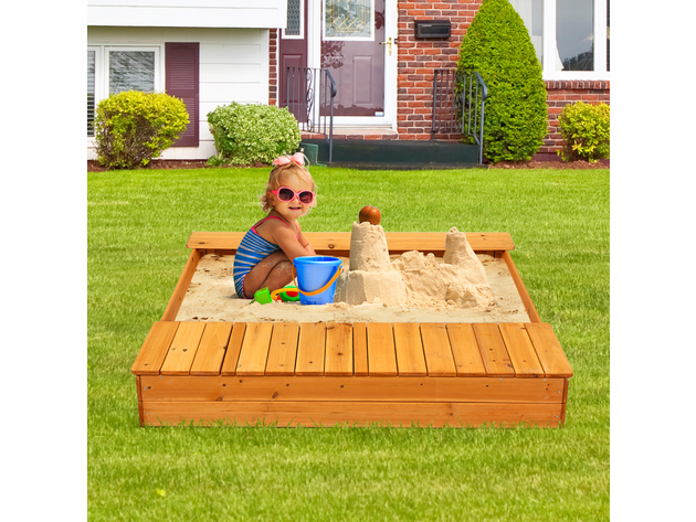 Costway Kids Cedar Sandbox w/ Canopy & Bench Seats Children Outdoor Playset Backyard