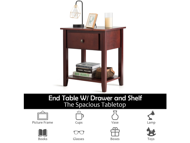 Costway Nightstand Beside Table Chest Sofa Table End Table Drawer Shelf - Brown