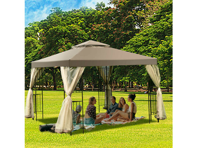 Costway Outdoor 10'x10' Gazebo Canopy Shelter Awning Tent Patio Screw-free structure Garden - Dark Brown