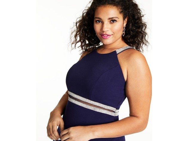 Sequin Hearts Trendy Plus Size Embellished Halter Gown Navy Size 22