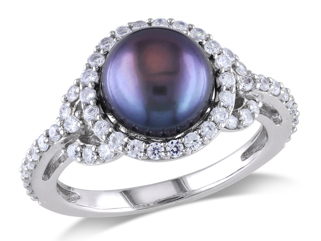 Black Freshwater Cultured Pearl 8.5-9mm and Cubic Ring In Sterling Silver - 9