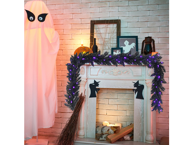 Costway 9ft Pre-lit Christmas Halloween Garland Black w/ 50 Purple LED Lights - Black