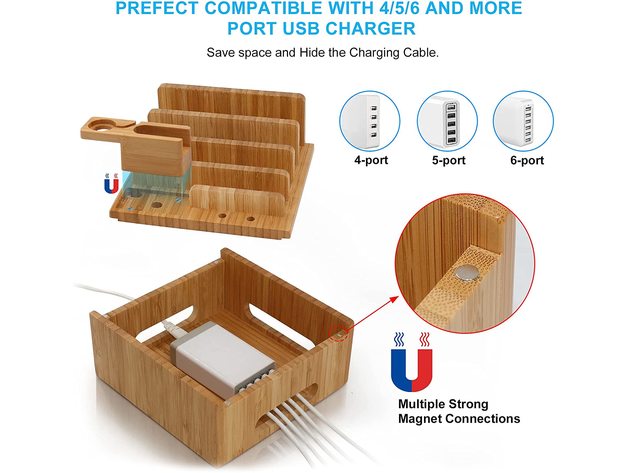 Charging Station for Multiple Devices (Included 5 Port USB Charger, 5 Pack Cables, SmartWatch & Earbuds Stand)