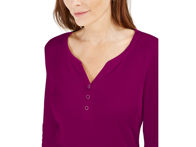 Karen Scott Women's Petite 3/4-Sleeve Henley Shirt Purple Size Extra Large