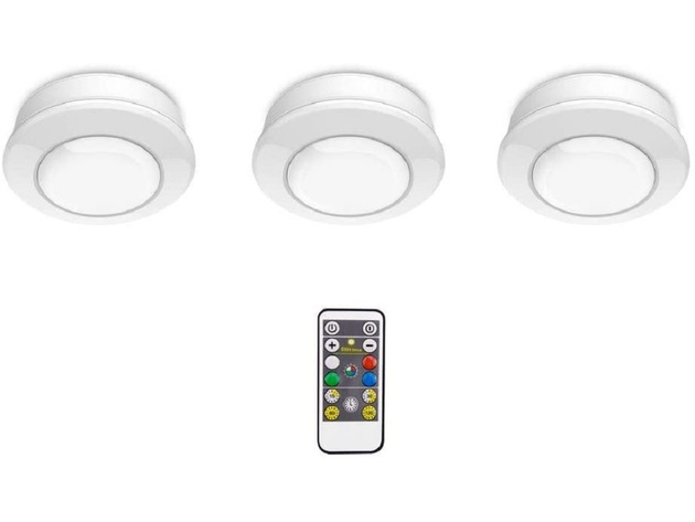 Commercial Electric Remote Control 3.11 Inch LED Color Changing Puck Light, 3 Pack, White (New Open Box)