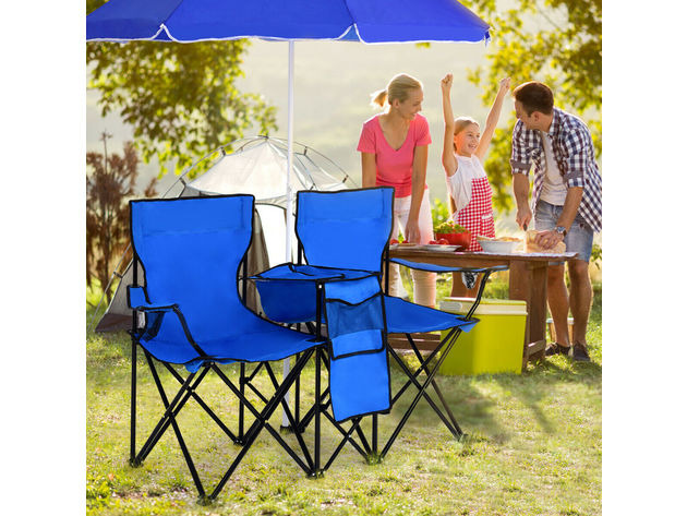 Costway Portable Folding Picnic Double Chair W/Umbrella Table Cooler Beach Camping Chair - Blue