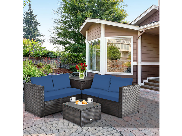 Costway 8 Piece Outdoor Patio Rattan Furniture Set Cushioned Loveseat Storage Table Brown/Navy