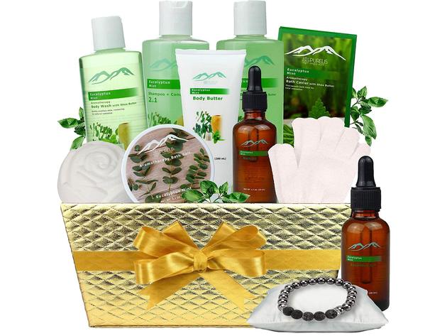 Eucalyptus Mint 12-Piece Bath Body Gift Basket, Aromatherapy Lava Bracelet