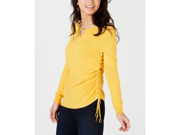 Thalia Sodi Women's Ruched Keyhole Sweater Yellow Size Large