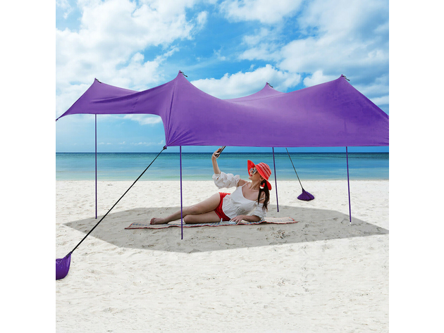 Costway Family Beach Tent Canopy w/4 Poles Sandbag Anchors 10'x9' UPF50+ - Purple