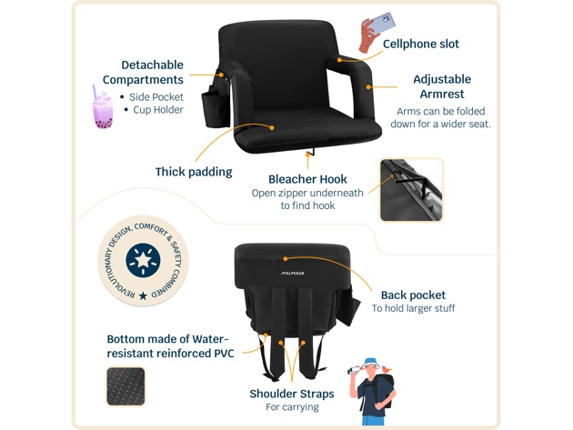Reclining Stadium Seat with Armrests and Side Pockets