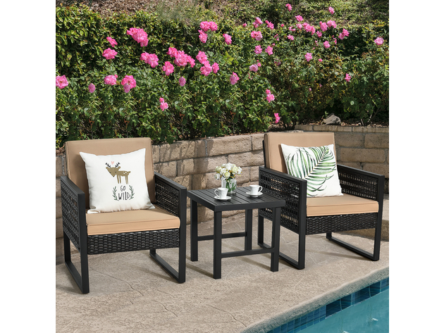 Costway 3 Piece Patio Rattan Bistro Furniture Set Cushioned Sofa Chair Coffee Table Garden