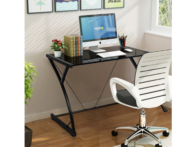 Costway Glass Top Computer Desk Laptop Writing Study Workstation Z-Shaped Metal Frame - Black