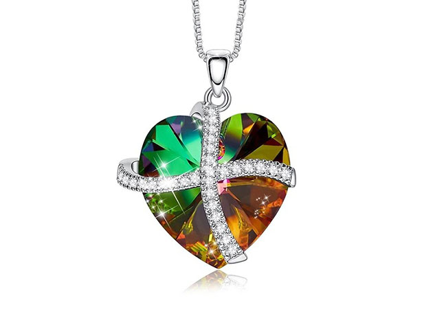 Heart Ribbon Necklace Paved with Swarovski Crystals (Rainbow)