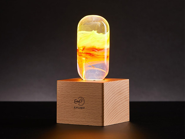 Flame Lamp with Wooden Base