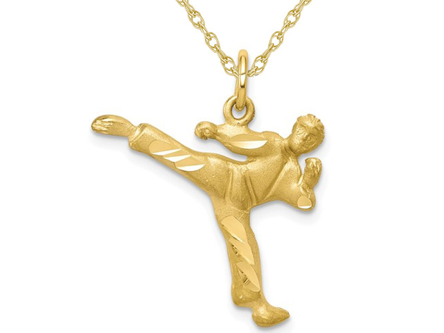 10K Yellow Gold Karate Kick Master Charm Pendant Necklace with Chain