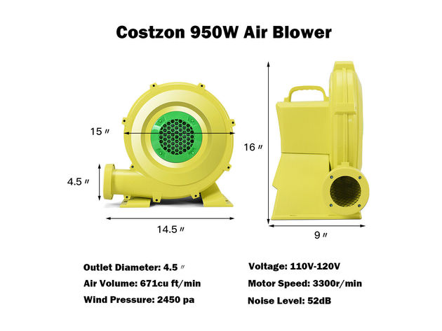 Costway Air Blower Pump Fan 950 Watt 1.25HP For Inflatable Bounce House Bouncy Castle - Yellow