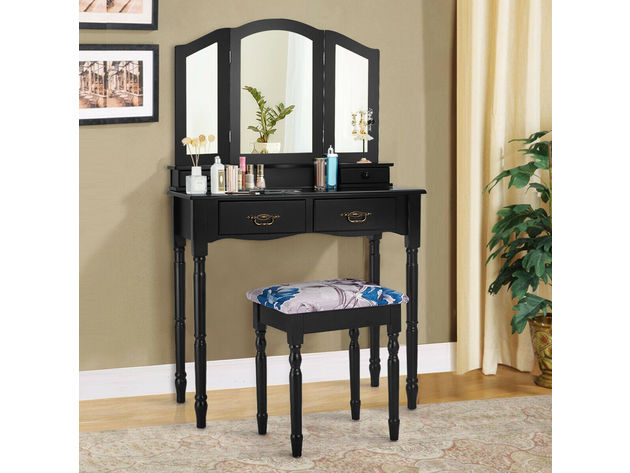 Costway Black Tri Folding Mirror Vanity Makeup Table Stool 4 Drawers - Black