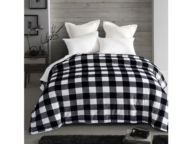 Elle Home Printed Plush Sherpa Throw Blanket Super Soft Warm Luxury - King 90"x102" Black+White
