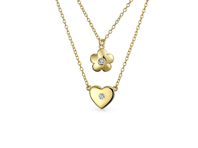 Homvare Women’s 925 Sterling Silver Heart Flower 2 Pc Necklace - Gold
