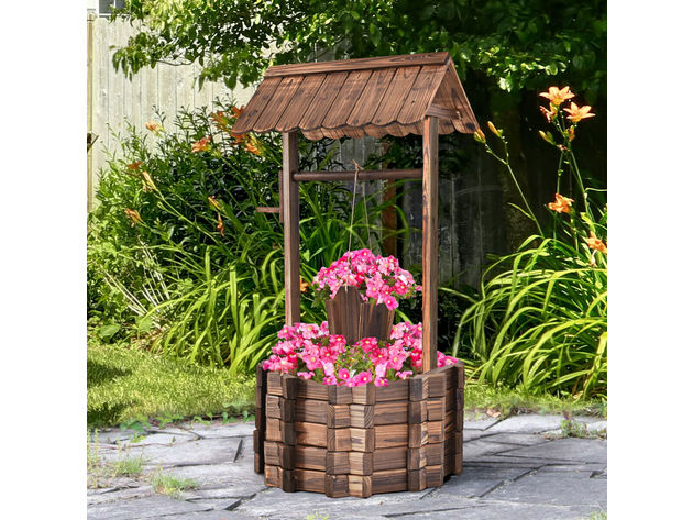 Costway Outdoor Wooden Wishing Well Bucket Flower Plants Planter Patio Garden Home Decor 