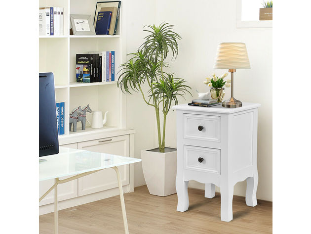 Costway 2 Piece White Night Stand  w/ 2 Storage Drawers, Wood End Accent Table - White