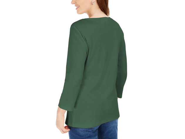 Karen Scott Women's 3/4-Sleeve Henley Shirt Spruce Night Size Small