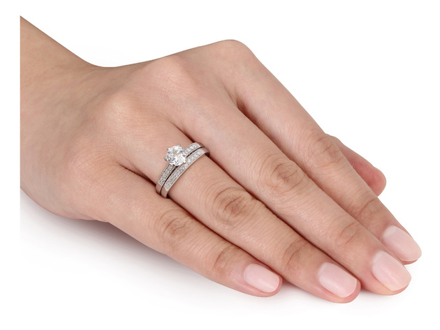 Created White Sapphire 1.0 Carat (ctw) with Diamond 1/3 Carat (ctw) Bridal Wedding Set Engagement Ring 10K White Gold - 5