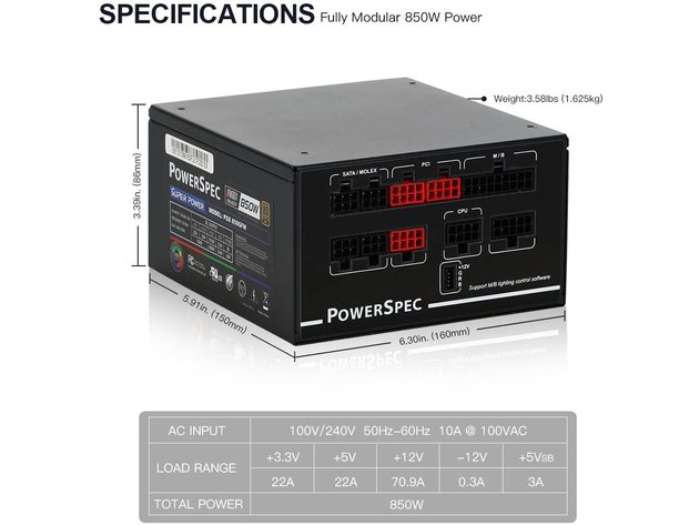 PowerSpec PSX 850GFM 850W 80+ Gold Fully Modular ATX Power Supply | RGB Lighting (Used, Open Retail Box)