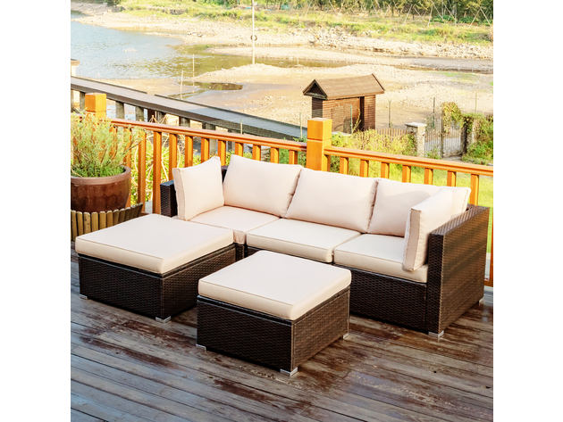 Costway 5 Piece Patio Rattan Furniture Set Ottoman Table Beige