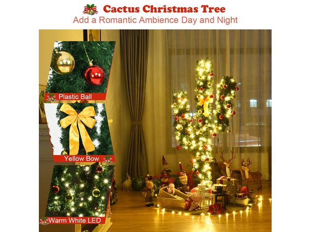 6FT Cactus Christmas Tree Artificial Cactus W/ LED Lights Ball Ornaments Stand 