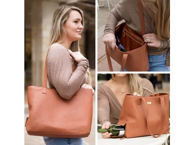 Brown Genuine Leather Tote with Insulated Lunch Bag Pocket / Wine Carrier. Wine Purses For Women Who Have Everything