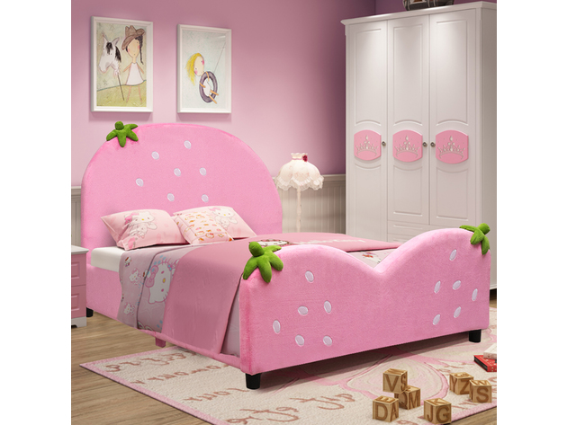 Costway Kids Children Upholstered Platform Toddler Bed Bedroom Furniture Berry Pattern - Pink