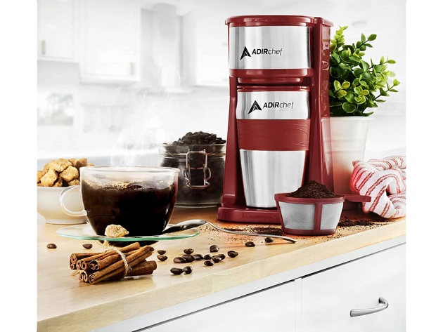 AdirChef Mini Travel Single Serve Coffee Maker & 15oz Travel Tumbler (Ruby Red)