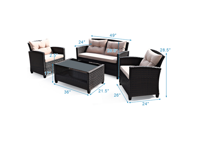 Costway 4 Piece Outdoor Rattan Furniture Set Cushioned Sofa Armrest Table