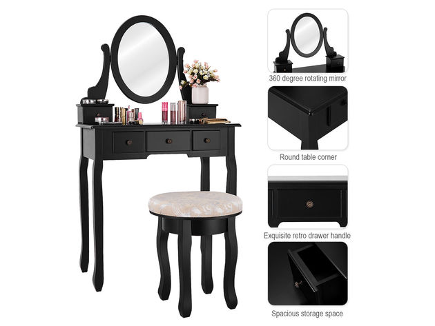 Costway Vanity Table Makeup Table Cushioned Mirror 5 Drawers Black - Black
