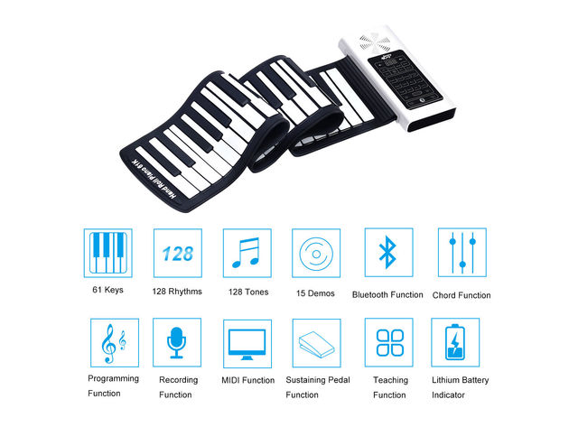 61 Key Electronic Roll Up Piano Keyboard Silicone Rechargeable w/Pedal - White