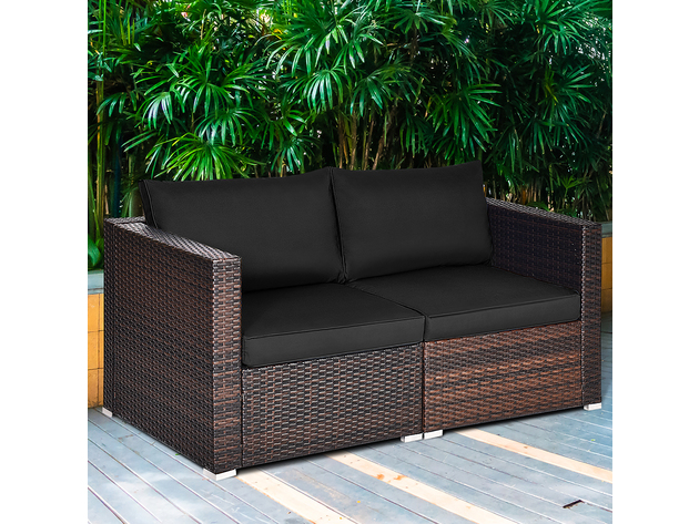 Costway 2 Piece Patio Rattan Corner Sofa Sectional Furniture Set Black Cushion - Black