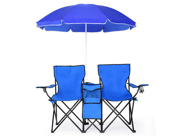 Costway Portable Folding Picnic Double Chair W/Umbrella Table Cooler Beach Camping Chair - Blue