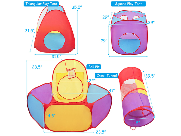 Costway 7pc Kids Ball Pit Play Tents & Tunnels Pop Up Baby Toy Gifts - Red, Yellow, Purple, Blue