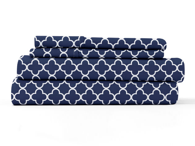 Home Collection Ultra Soft Quadrafoil Pattern 4-Piece Bed Sheet Set (King/Navy)