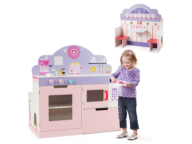 Costway 2 in 1 Kids Play Kitchen & Cafe Restaurant Wooden Pretend Cooking Playset Toy