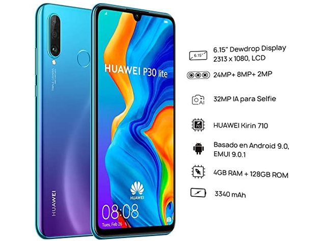 Huawei P30 Lite 128GB/4GB 6.15" Dual SIM GSM Unlocked Smartphone, Peacock Blue (Refurbished)