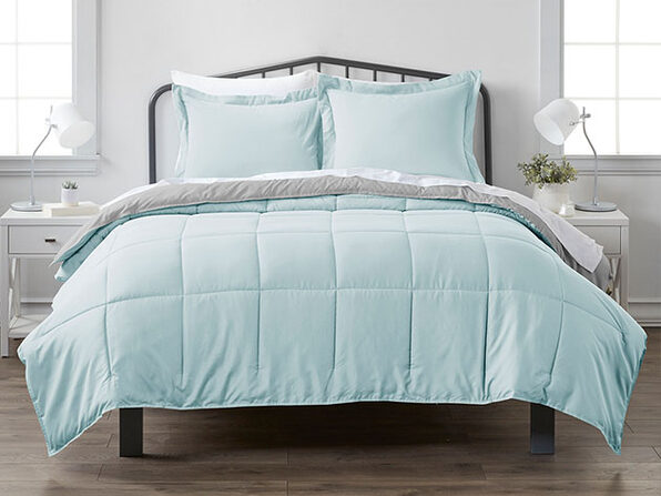 Down Alternative Reversible Comforter Set Aqua And Light Gray Joyus