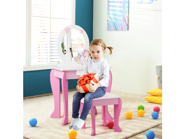 Costway Kids Vanity Makeup Dressing Table Chair Set Wooden with Mirror Drawer - White and pink