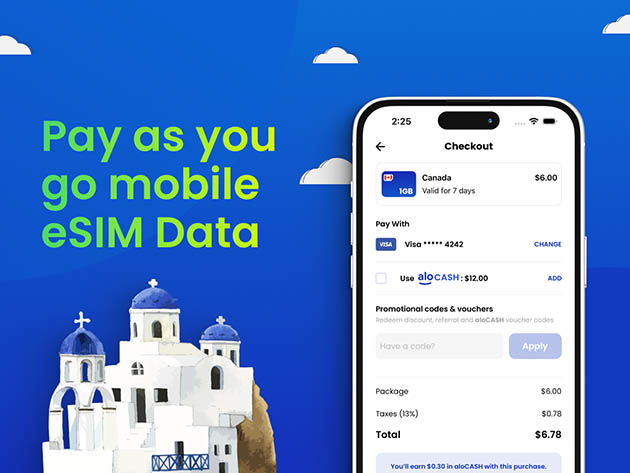 aloSIM Traveler's Lifetime eSIM Plus Mobile Data Plan: Pay $20 for $50 Credit