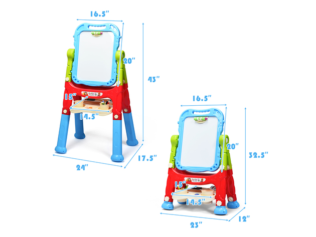 Costway Height Adjustable Kids Art Easel Magnetic Double Sided Board w/ Accessories Pink\Blue - Blue
