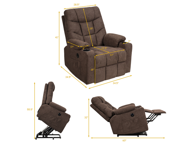 Costway Power Lift Chair Electric Recliner Sofa for Elderly, Fabric Reclining Sofa w/ 8 Point Massage & Lumbar Heat, 2 Side Pockets Cup Holders USB Charge Port, Motorized Sofa Chair for Living Room - Coffee