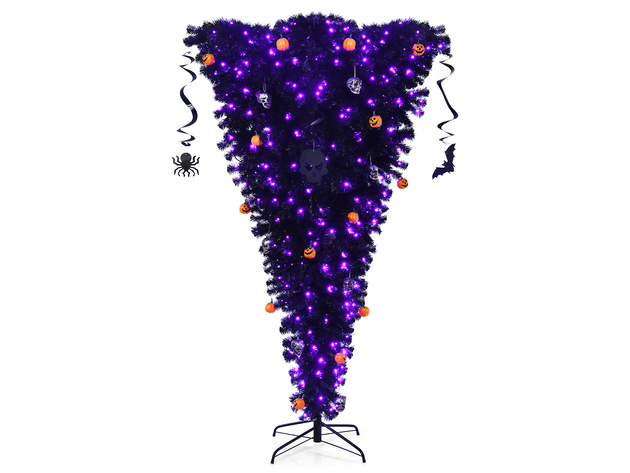 Costway 7ft Upside Down Christmas Halloween Tree Black w/400 Purple LED Lights