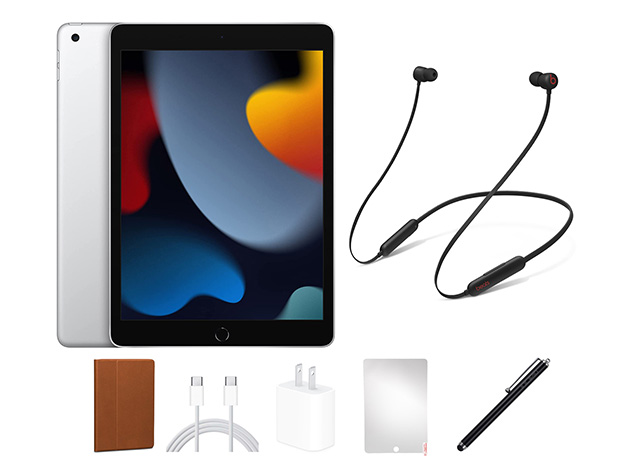 Apple iPad 9th Gen (2021) 64GB (Wi-Fi Only) Silver + Beats Flex Wireless Headphones Refurbished Bundle